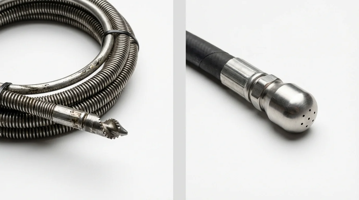 Drain snake cable and hydro jetting nozzle used for drain cleaning in Englewood, NJ