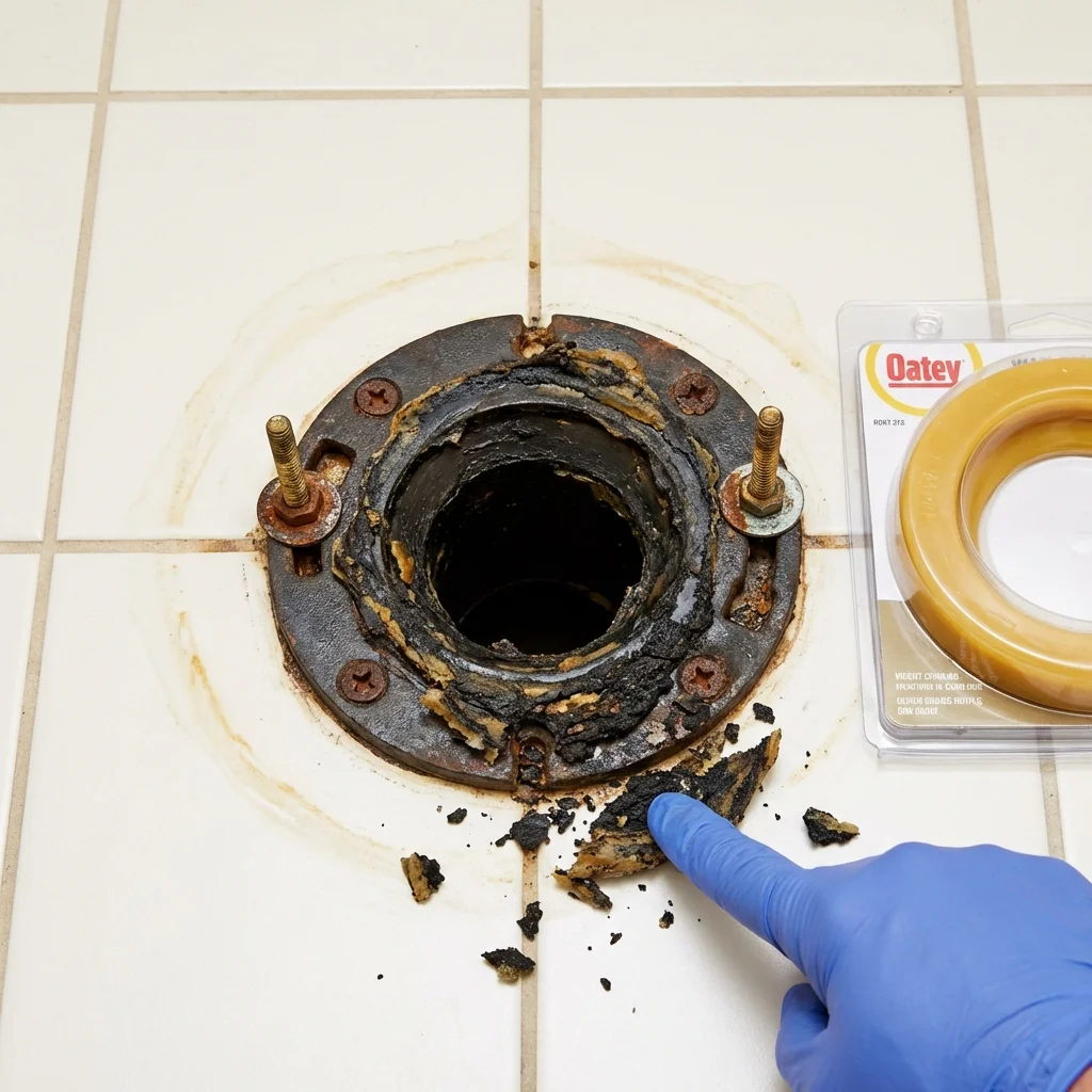 Failed wax ring showing water seepage at the base of a toilet in a Englewood, NJ home