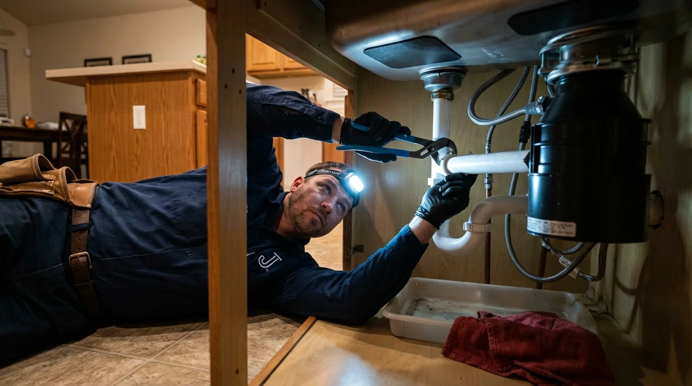 P-trap and supply line connections under a kitchen sink showing a common leak point in Englewood, NJ